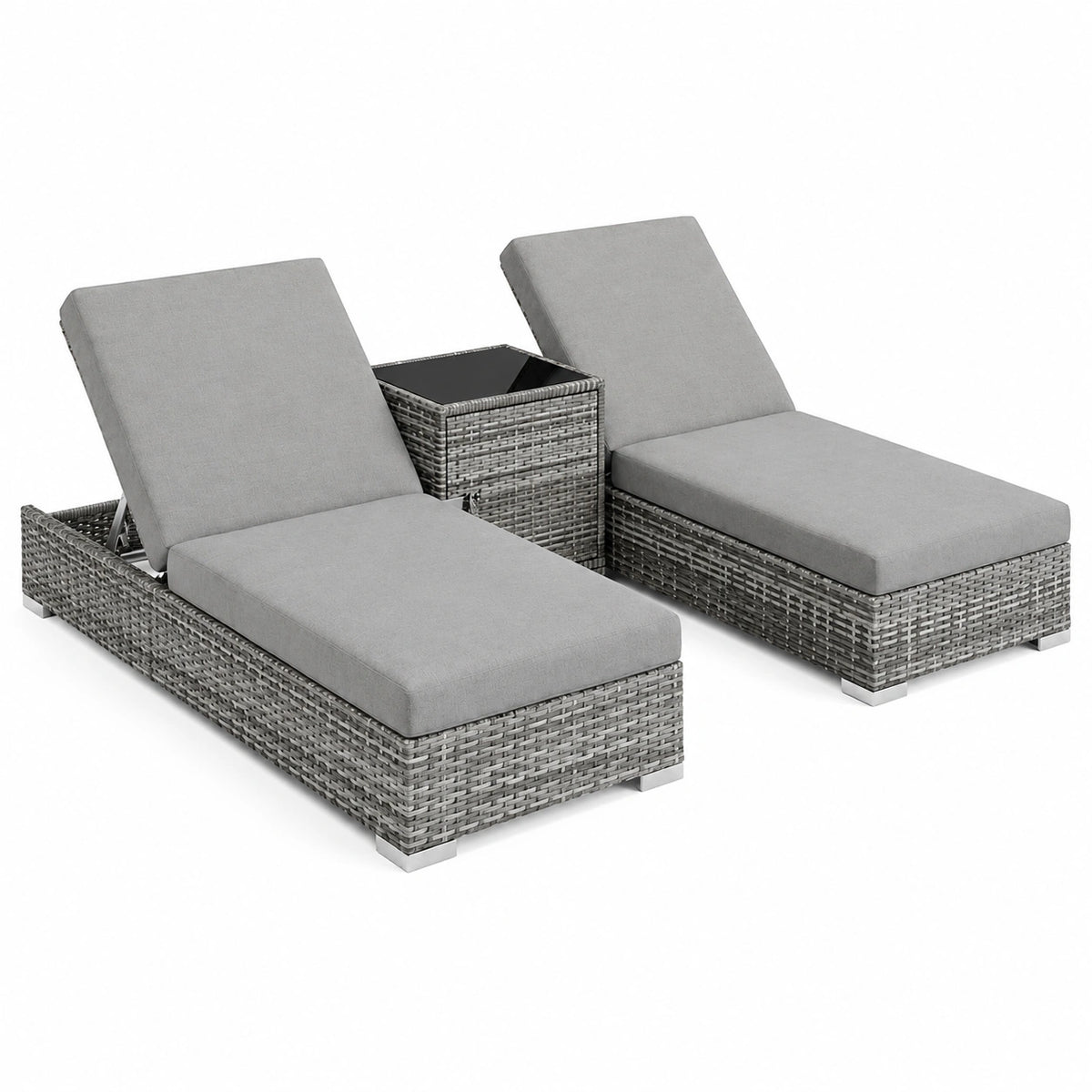 Set di 2 Lettini Prendisole in Polyrattan con Tavolino e Cuscini, Schienale Regolabile, Arredo Giardino