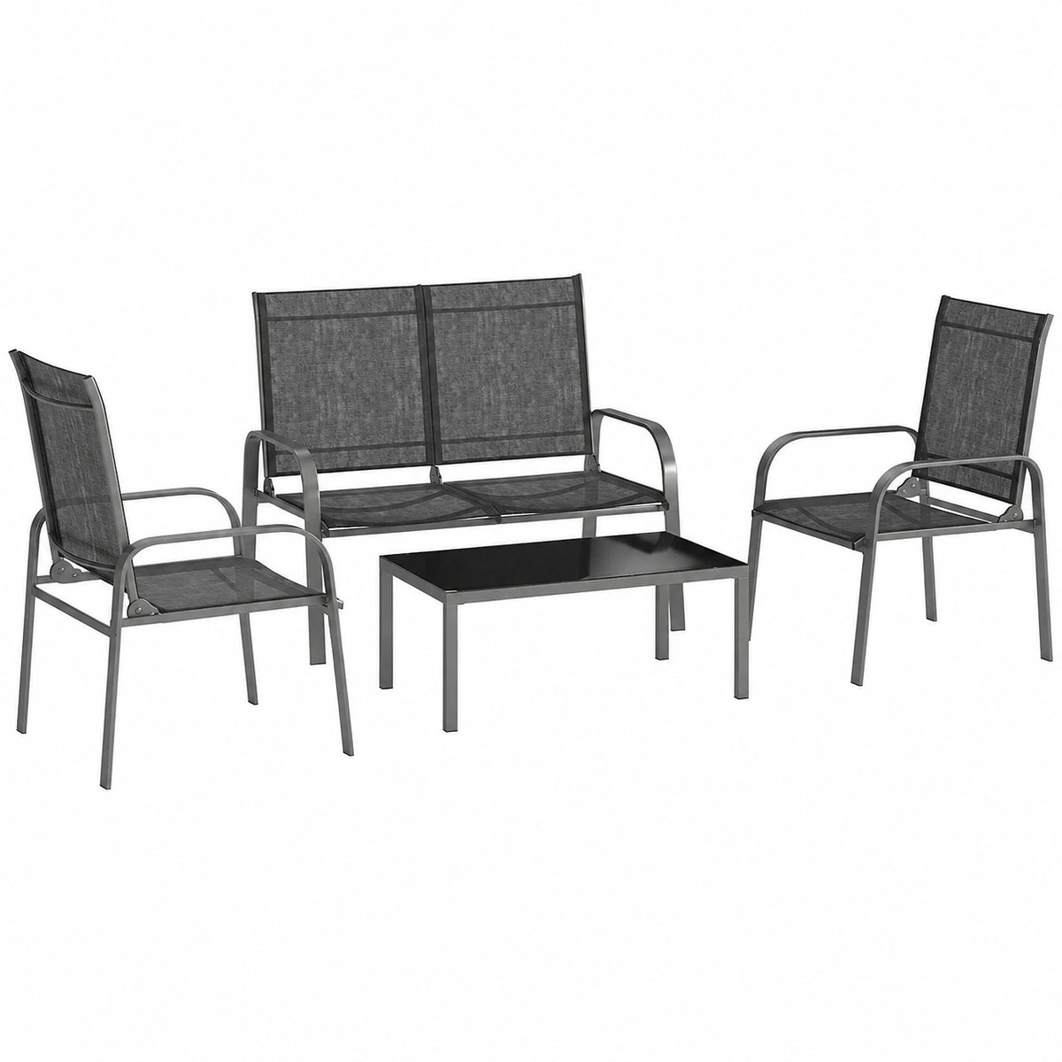 Outsunny Set Arredo Giardino 4 Pezzi, Divano Esterno 2 Posti Regolabile, 2 Poltrone e Tavolino Vetro, Mobili Impermeabili in Acciaio e Textilene, Nero