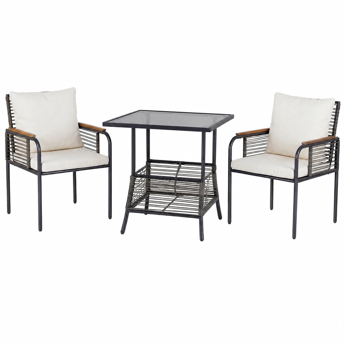 Set di Mobili da Giardino in Rattan con Cuscini, 3 Pezzi Salvaspazio per Esterno, Tavolo e Sedie per Balcone e Giardino, Colore Beige