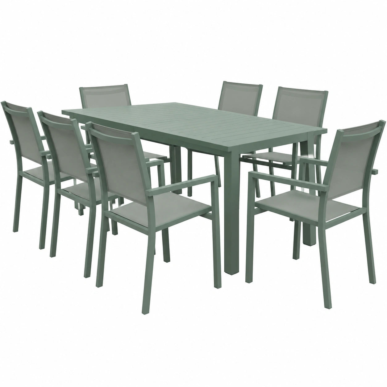 Set da Giardino Estensibile Venezia in Textilene e Alluminio Verde Salvia, 8 Posti, Tavolo 90-180 cm, Sedie Impilabili
