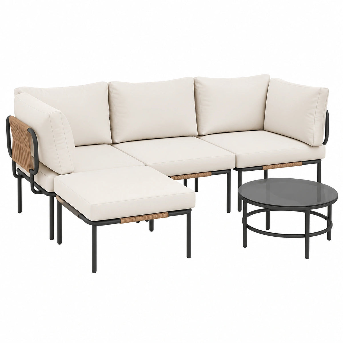 Set da Giardino in Rattan a L con 3 Sedie e Tavolo in Vetro