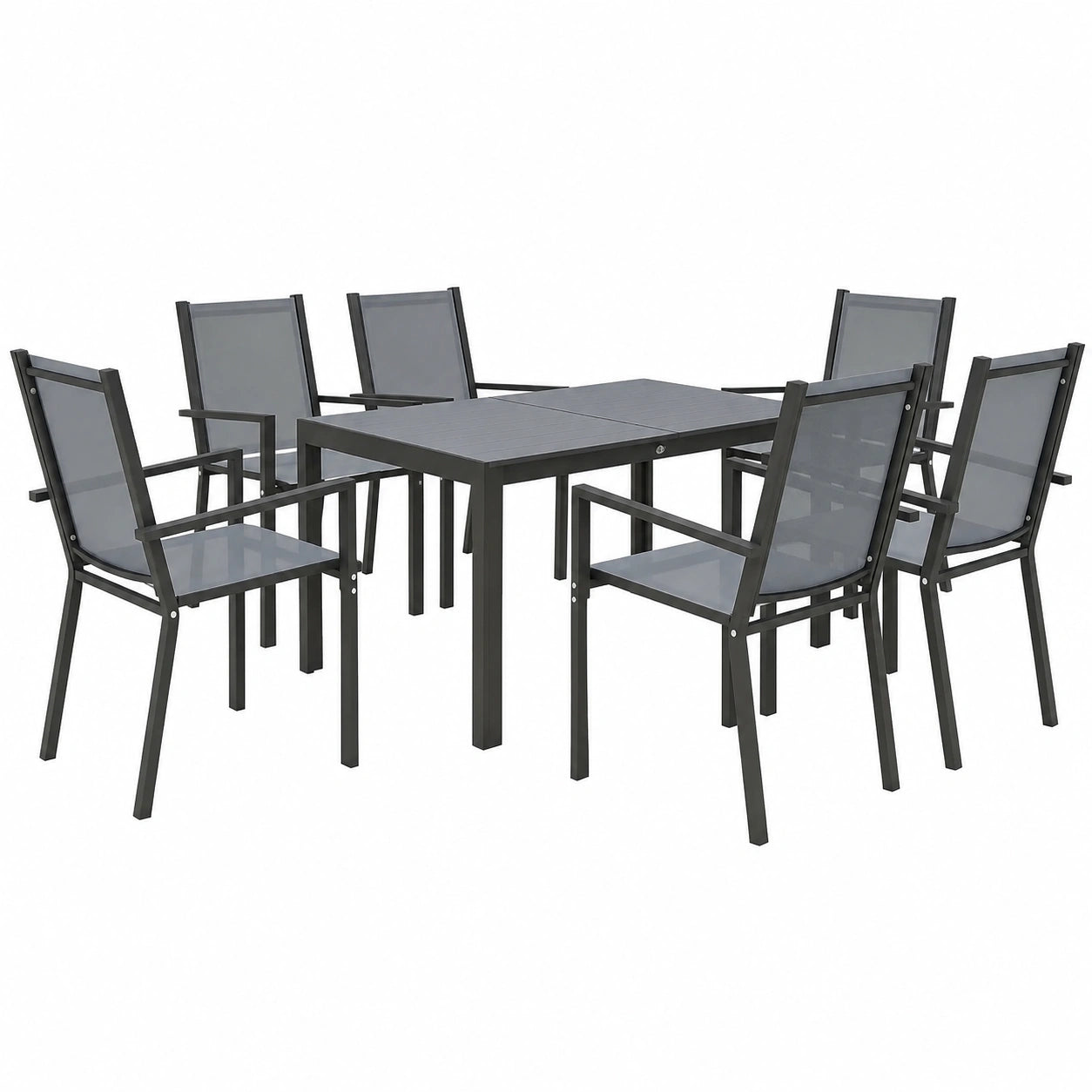 Set Mobili da Giardino Outsunny 7 Pezzi: Tavolo Rettangolare e 6 Sedie Impilabili in Acciaio Texteline, Grigio Chiaro