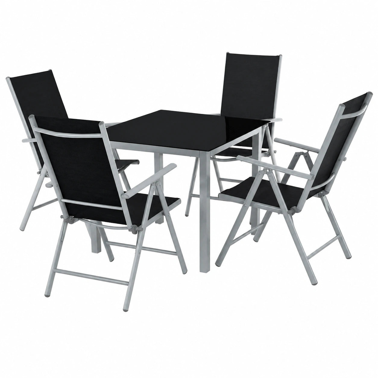Set da Giardino in Alluminio con Tavolo in Vetro e Sedie Reclinabili, Resistente alle Intemperie - Grigio/Argento