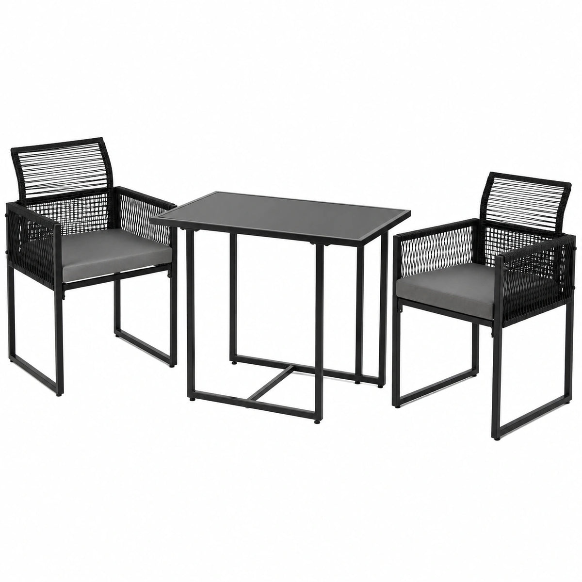 Set Giardino 3 Pezzi COSTWAY in Rattan PE, Sedie Pieghevoli e Tavolo in Vetro Temperato per Esterni