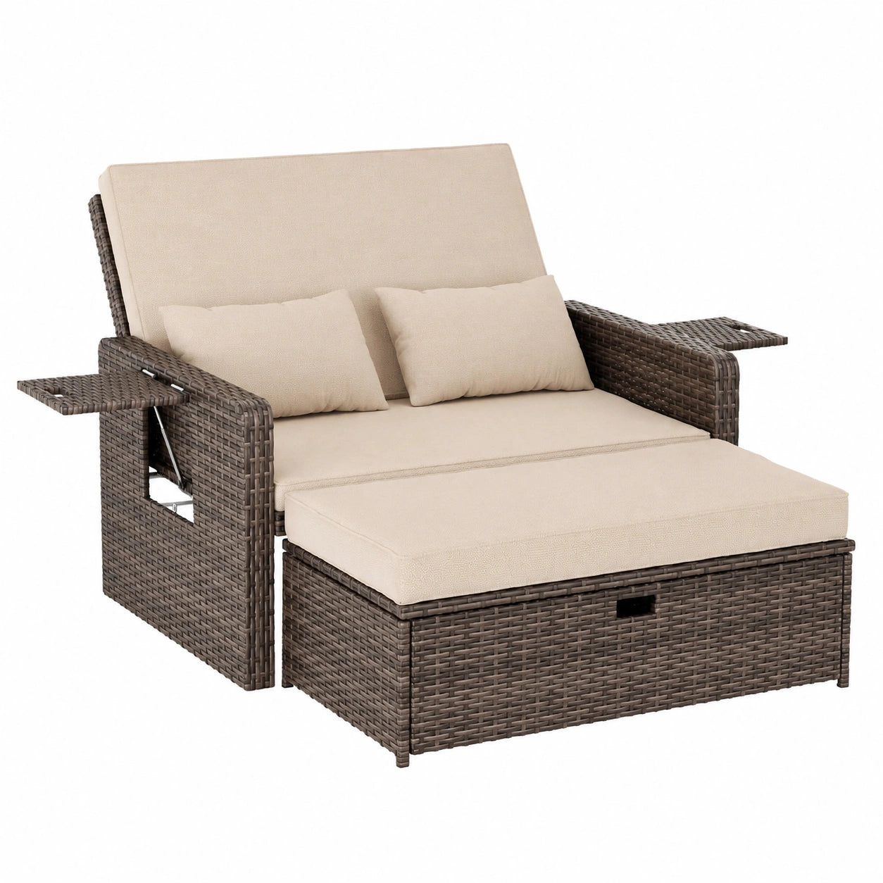 Divano Esterno in Rattan 2 Posti con Poggiapiedi, Set Outdoor con Cuscini e Struttura Antiruggine, Poltrona Comoda per Terrazze e Balconi - Beige