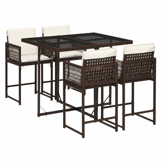 Set Tavolo e Sedie da Giardino 5 Pezzi con Cuscini in Rattan Sintetico Marrone