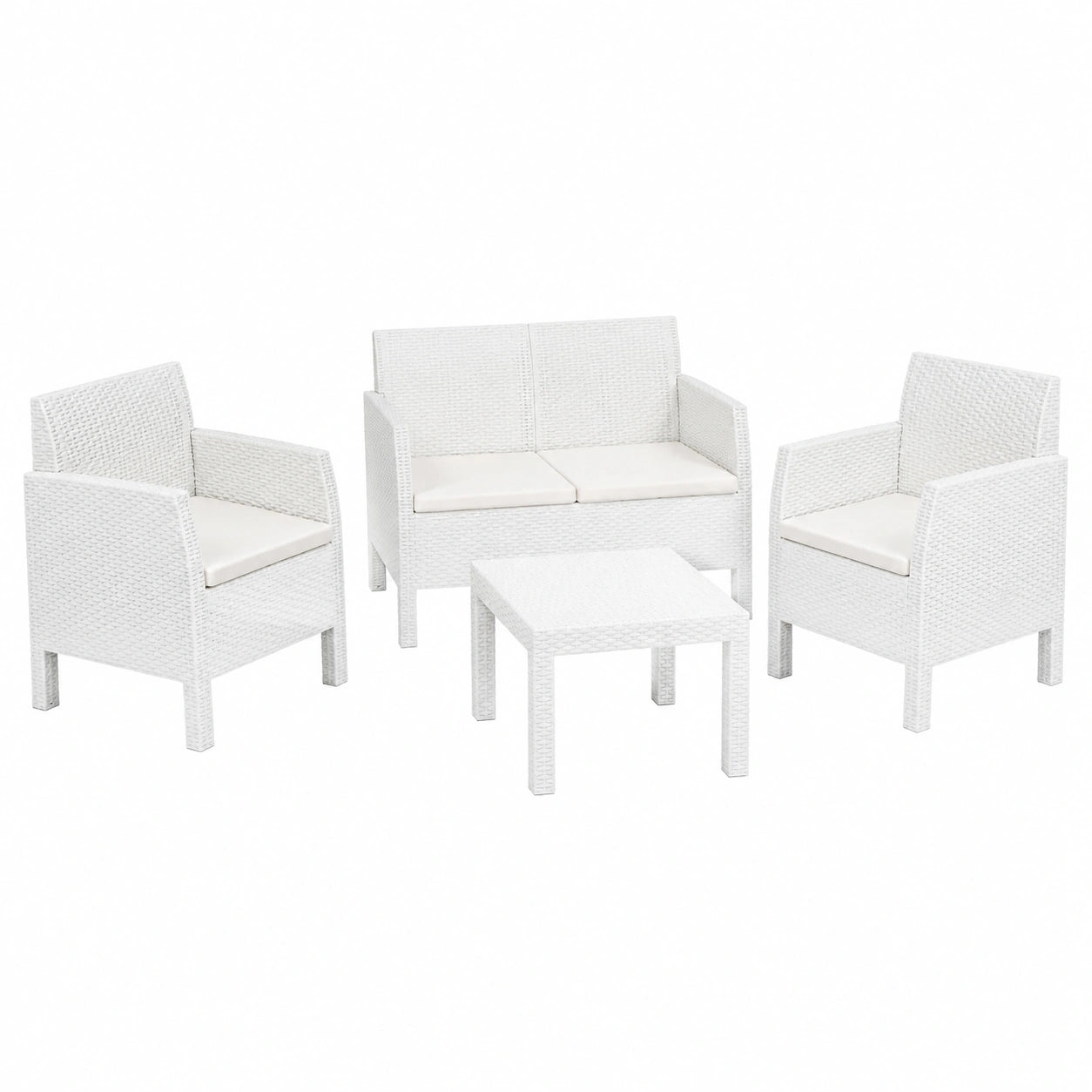 Set Arredo Giardino Toomax Matilde per 4 Persone, Bianco Rattan Sintetico, 2 Poltrone Ergonomiche e Divano a 2 Posti con Tavolo, Perfetto per Esterni