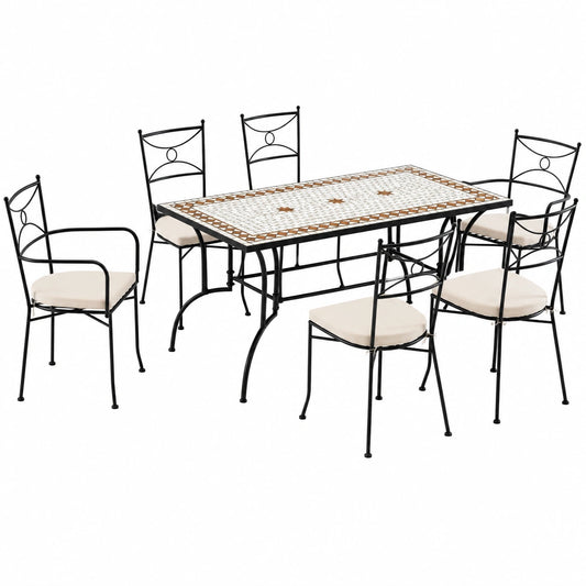Set da Giardino con Mosaico: Tavolo Rettangolare, 2 Poltrone e 4 Sedie con Cuscini
