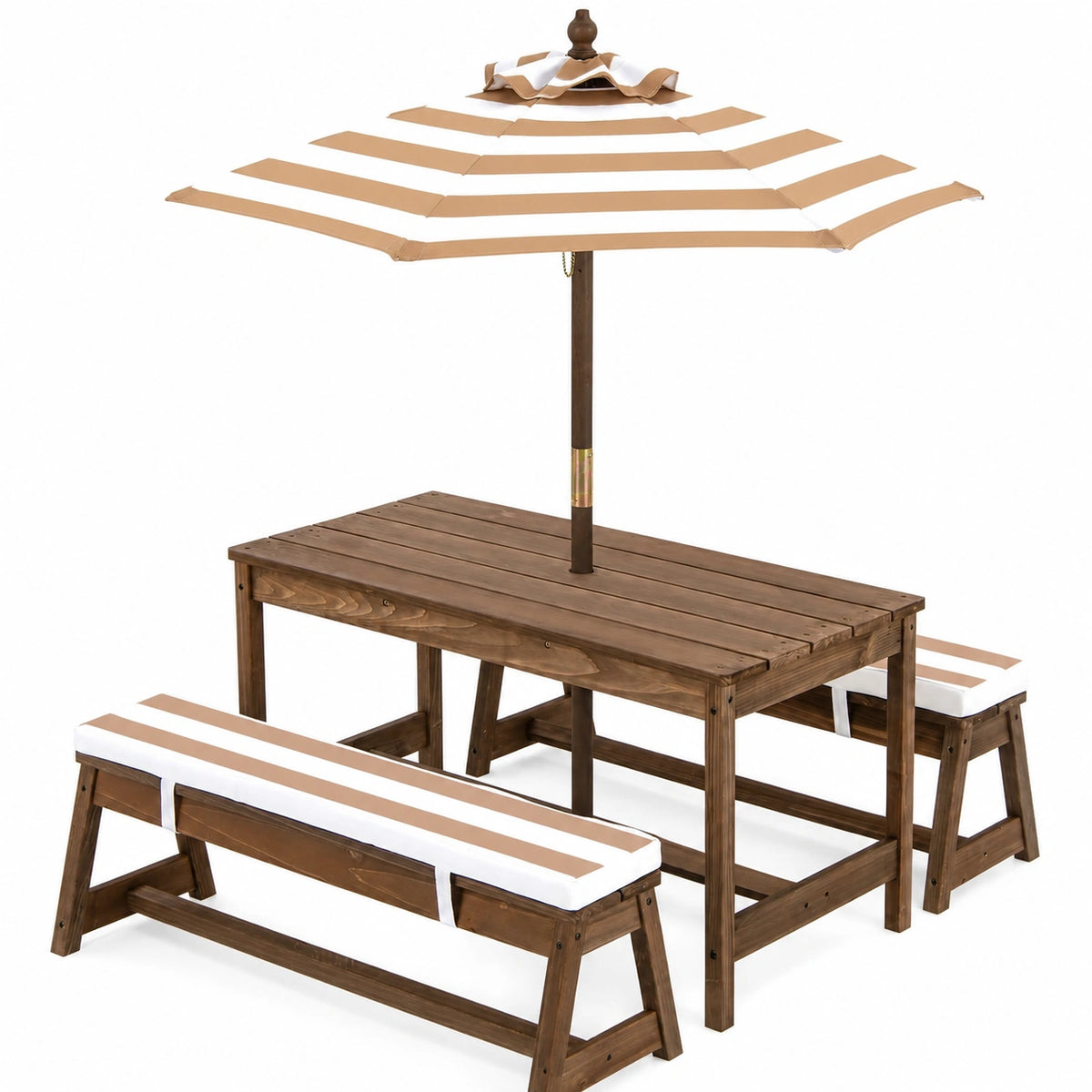 Set Tavolo e Panchina in Legno per Bambini con Ombrellone, Ideale per Giardino e Patio, Marrone