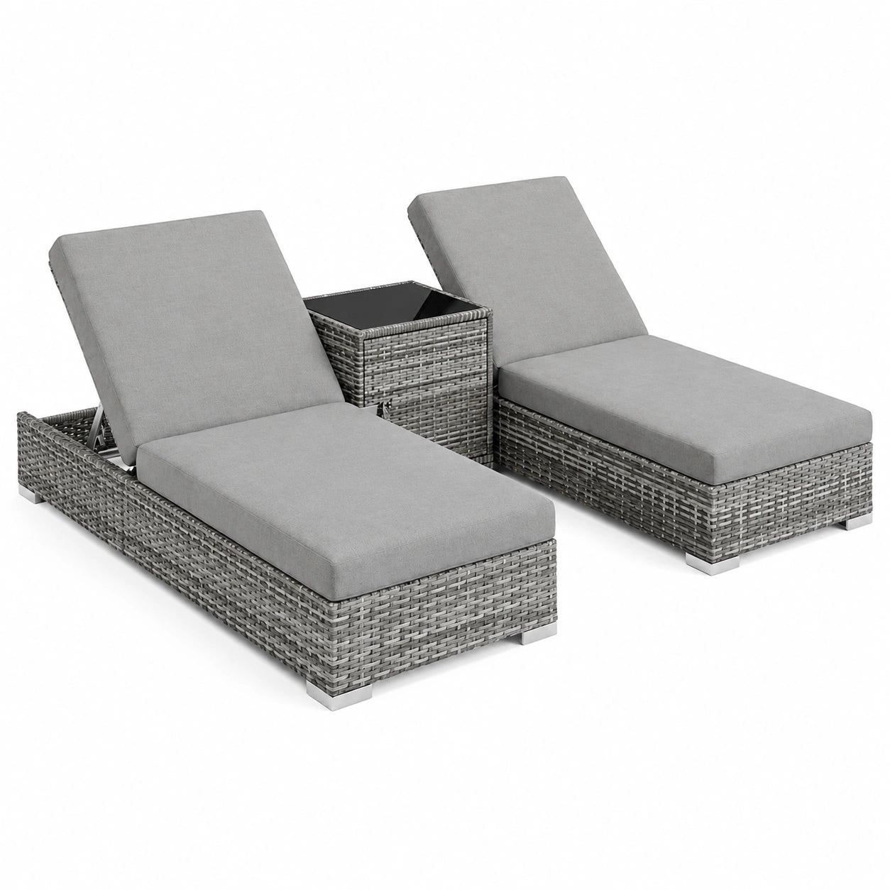 Set di 2 Lettini Prendisole in Polyrattan con Tavolino e Cuscini, Schienale Regolabile, Arredo Giardino