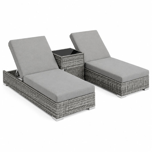 Set di 2 Lettini Prendisole in Polyrattan con Tavolino e Cuscini, Schienale Regolabile, Arredo Giardino
