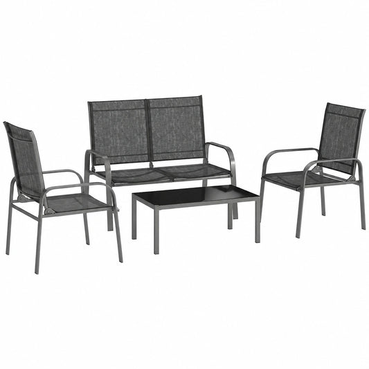 Outsunny Set Arredo Giardino 4 Pezzi, Divano Esterno 2 Posti Regolabile, 2 Poltrone e Tavolino Vetro, Mobili Impermeabili in Acciaio e Textilene, Nero