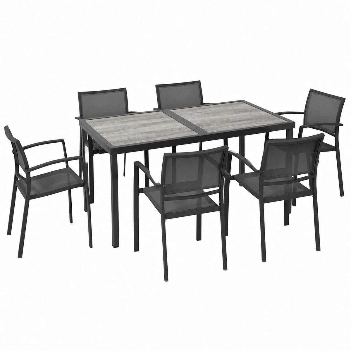 Set Mobili da Giardino 7 Pezzi con Tavolo e Sedie Impilabili, Effetto Legno, Struttura in Acciaio, Grigio