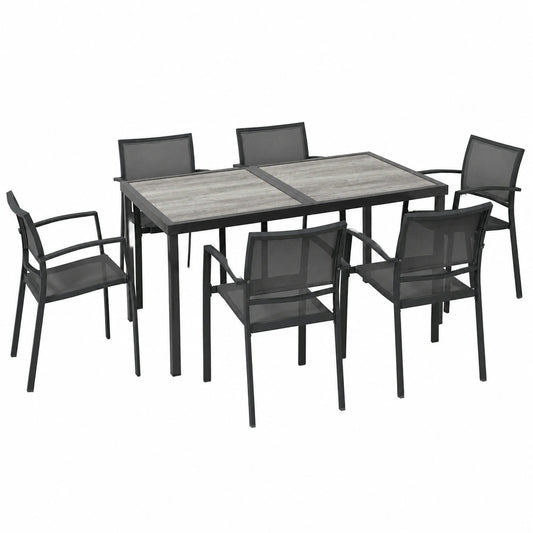 Set Mobili da Giardino 7 Pezzi con Tavolo e Sedie Impilabili, Effetto Legno, Struttura in Acciaio, Grigio