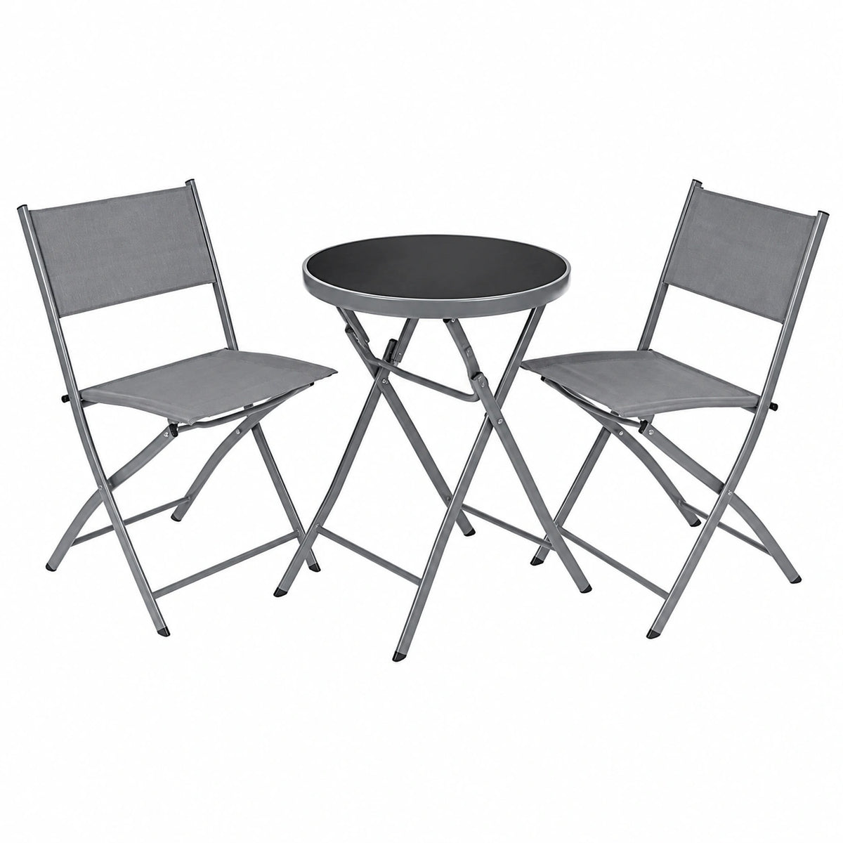 Set da Balcone Düsser con Tavolo in Vetro e Sedie Pieghevoli in Acciaio - Grigio