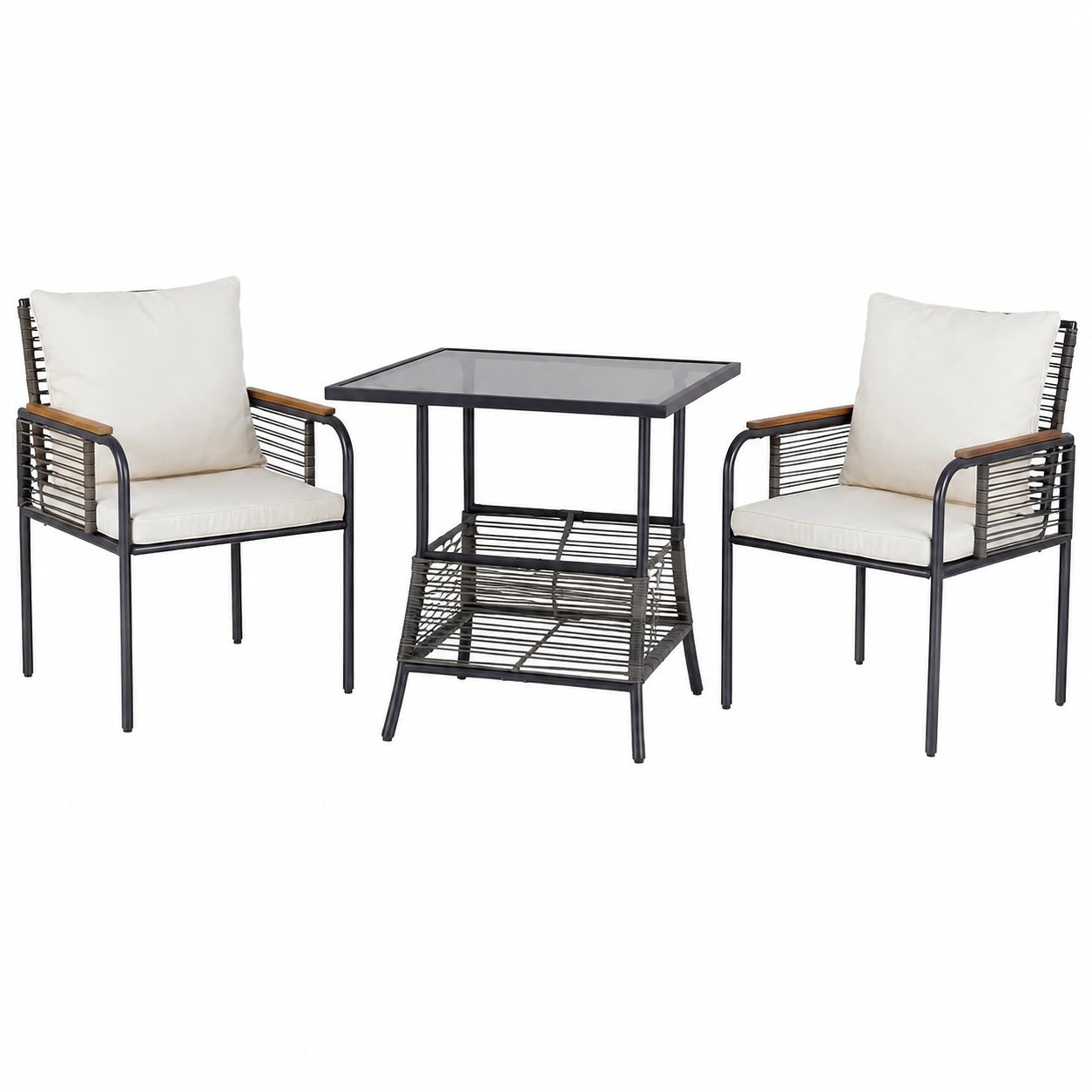Set di Mobili da Giardino in Rattan con Cuscini, 3 Pezzi Salvaspazio per Esterno, Tavolo e Sedie per Balcone e Giardino, Colore Beige