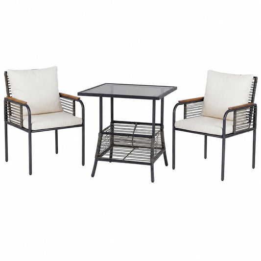 Set di Mobili da Giardino in Rattan con Cuscini, 3 Pezzi Salvaspazio per Esterno, Tavolo e Sedie per Balcone e Giardino, Colore Beige