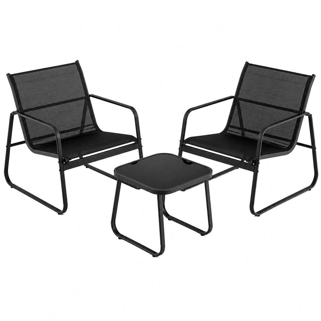 Set da Giardino 3 Pezzi in Textilene, Tavolino con Vetro Temperato e Sedie Impermeabili