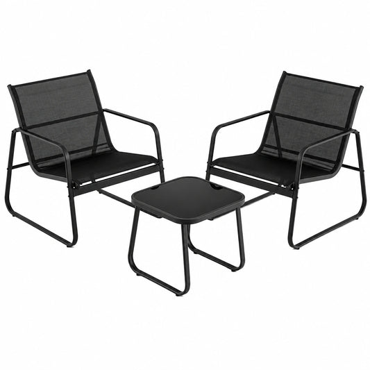Set da Giardino 3 Pezzi in Textilene, Tavolino con Vetro Temperato e Sedie Impermeabili