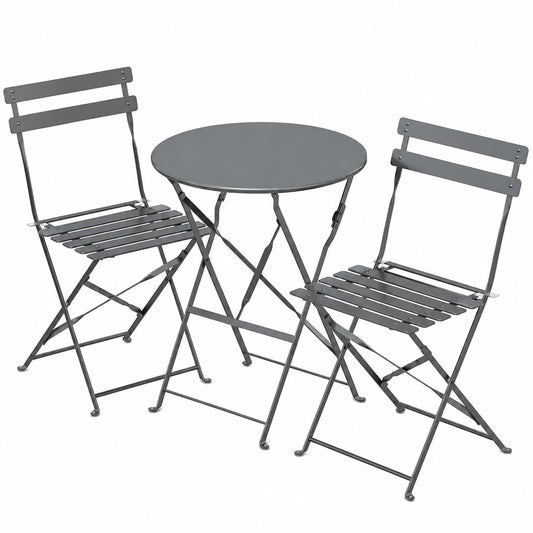 Set Bistrò da Giardino 3 Pezzi in Acciaio, Tavolo e Sedie Pieghevoli per Esterno, Design Moderno, Salvaspazio, Grigio