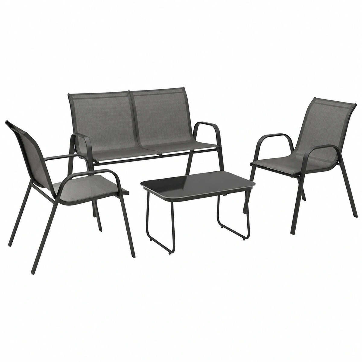 Set Salotto da Giardino Outsunny 4 Pezzi: Divano 2 Posti, 2 Sedie Impilabili e Tavolo in Vetro, Mobili da Esterno in Acciaio, Nero