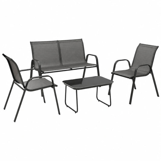 Set Salotto da Giardino Outsunny 4 Pezzi: Divano 2 Posti, 2 Sedie Impilabili e Tavolo in Vetro, Mobili da Esterno in Acciaio, Nero