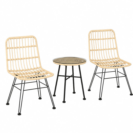 Set da Giardino Outsunny in Rattan PE e Acciaio, 3 Pezzi con Tavolino in Vetro e 2 Sedie, Ideale per Balcone e Esterni, Crema