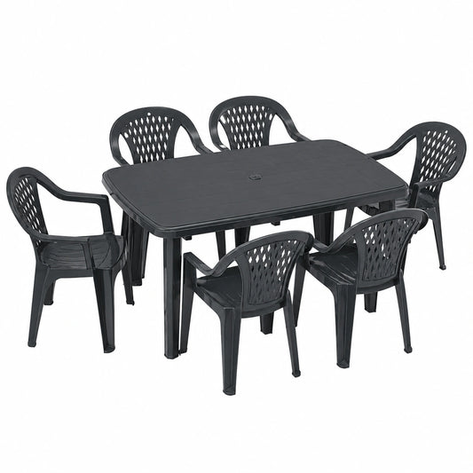 Set da Giardino in Plastica per 6 Persone - Tavolo Rettangolare e Sedie Impilabili Antracite