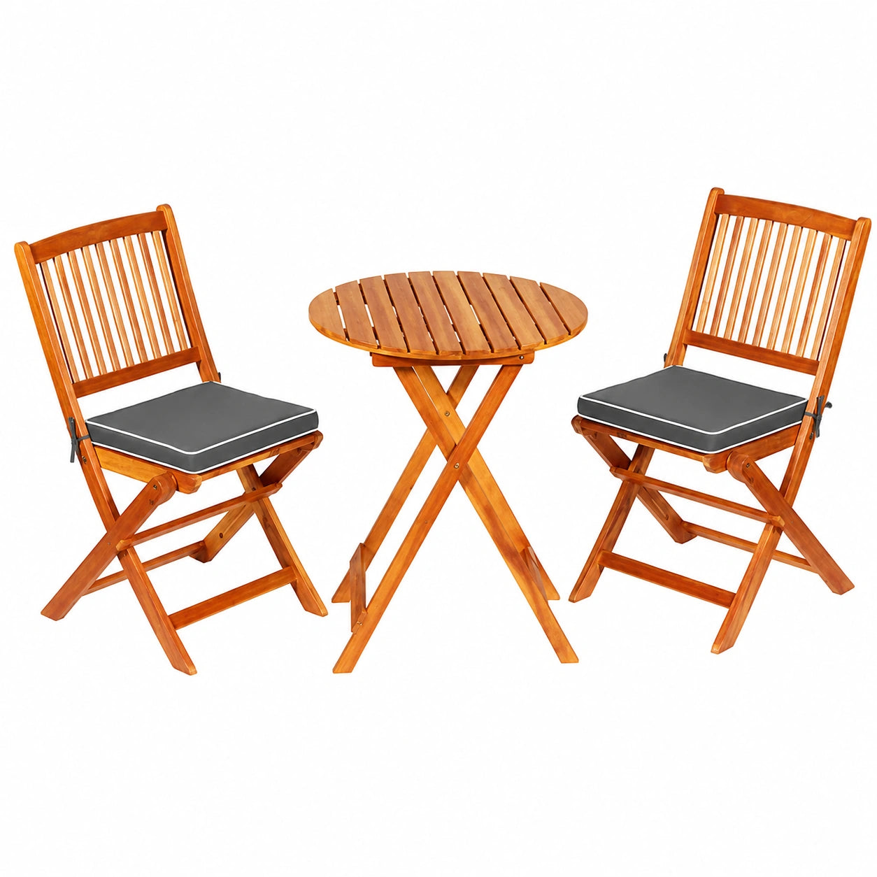 Set bistrò da giardino in acacia, 3 pezzi pieghevole, con cuscini grigi
