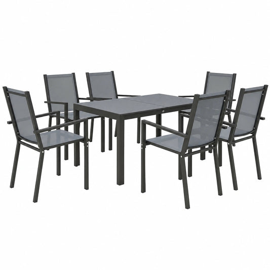 Set Mobili da Giardino Outsunny 7 Pezzi: Tavolo Rettangolare e 6 Sedie Impilabili in Acciaio Texteline, Grigio Chiaro