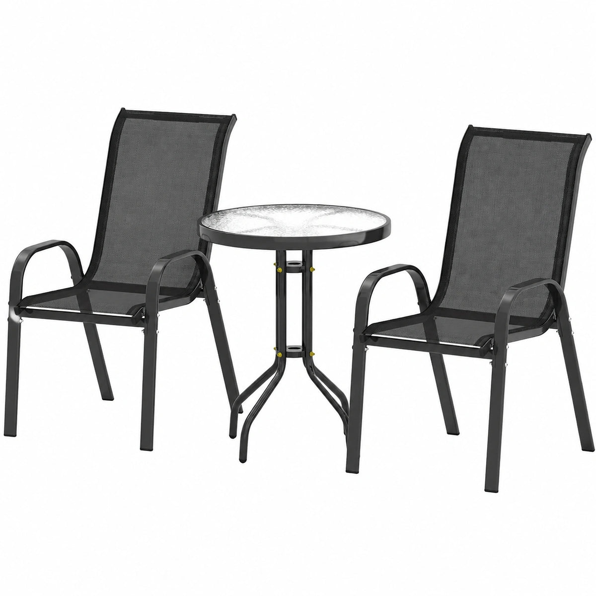 Set Bistro 3 Pezzi Nero con Sedie Impilabili e Tavolino Rotondo, Outsunny Arredo da Giardino in Acciaio e Vetro