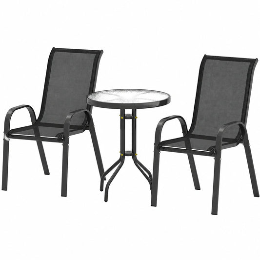 Set Bistro 3 Pezzi Nero con Sedie Impilabili e Tavolino Rotondo, Outsunny Arredo da Giardino in Acciaio e Vetro