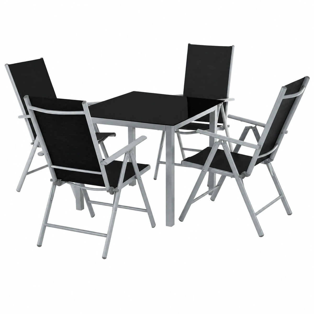 Set da Giardino in Alluminio con Tavolo in Vetro e Sedie Reclinabili, Resistente alle Intemperie - Grigio/Argento