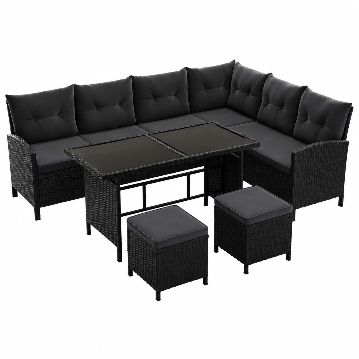 Set lounge da giardino in polyrattan nero con divano e tavolo, fino a 7 persone