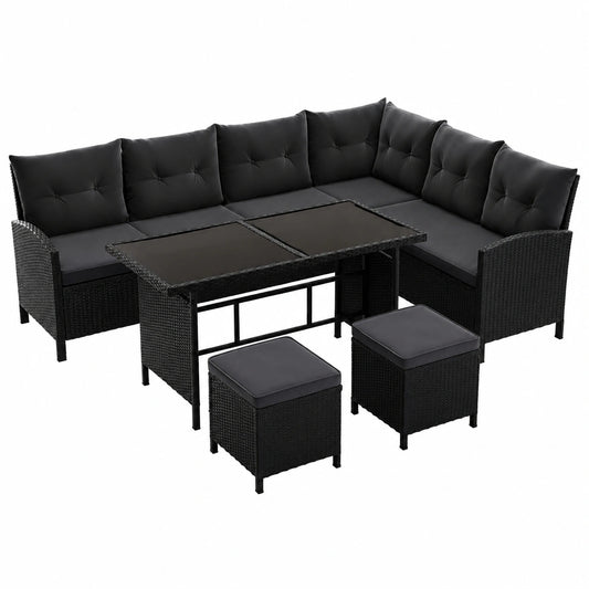 Set lounge da giardino in polyrattan nero con divano e tavolo, fino a 7 persone