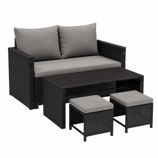 Set mobili da giardino in polyrattan 2in1 Jamaika - divano e tavolo lounge - per balcone e giardino - colore nero e grigio