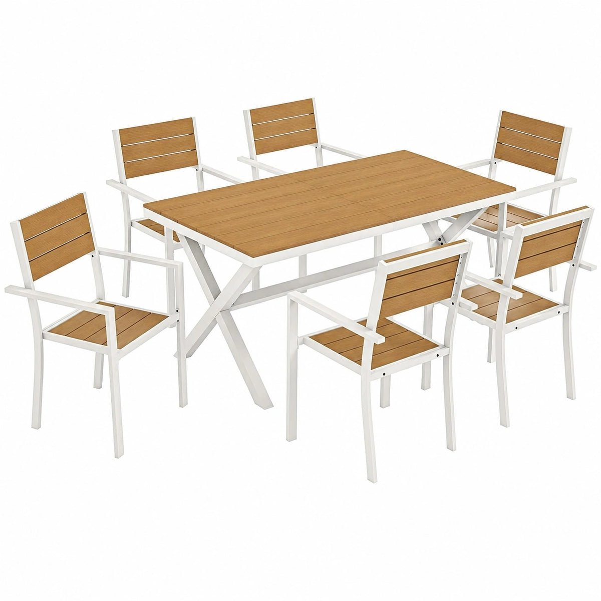 Set Pranzo da Giardino Outsunny in Alluminio con 6 Sedie Impilabili e Tavolo Effetto Legno, Ideale per Terrazza e Patio, Colore Teak
