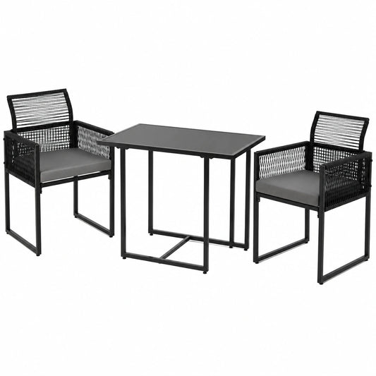 Set Giardino 3 Pezzi COSTWAY in Rattan PE, Sedie Pieghevoli e Tavolo in Vetro Temperato per Esterni