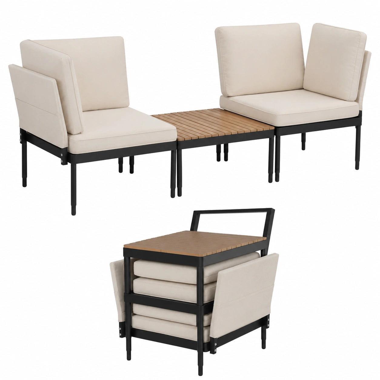 Set Salotto da Giardino 5 in 1 con Schienale Regolabile e Tavolo Effetto Legno