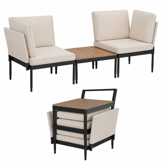 Set Salotto da Giardino 5 in 1 con Schienale Regolabile e Tavolo Effetto Legno